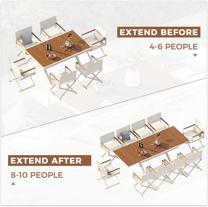 Grand patio 9-Piece Outdoor Dining Set, 8 Extra-Wide Folding Chairs & 1 Rectangle Expandable Table for 6-8 Person, Sling Mesh Patio Chairs with Wood Grain Table for Yard, Poolside, Deck, Apricot