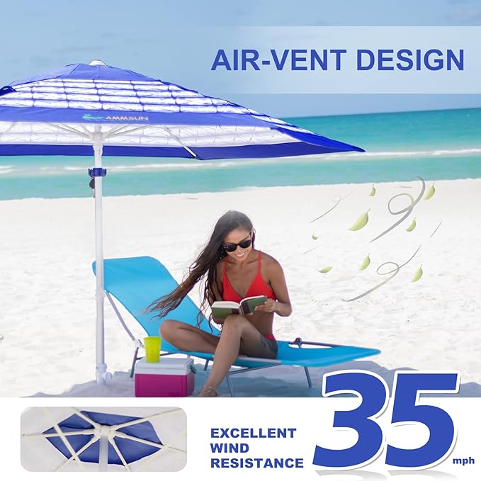 AMMSUN 8ft Large Beach Umbrellas for Sand Heavy Huty Wind Portable Commercial Grade Patio Beach Umbrella with Sand Anchor Adjustable Height Air Vent UPF 50+ Telescoping Pole without tilt Blue White