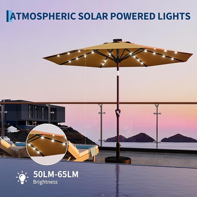Garvee 10FT Solar Patio Umbrella with 32 LED Lights - Outdoor Table Umbrella with Crank Lift, Push Button Tilt and 8 Sturdy Ribs - Market Umbrella UV Protection for Pool, Deck, Yard, Garden -Yellow