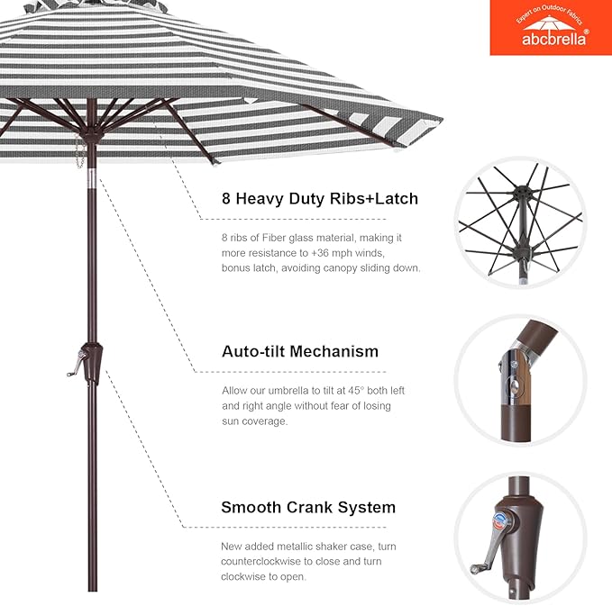 ABCCANOPY OLEFIN® 5-Year No Fading 9FT Patio Umbrella, Outdoor Table Umbrella with 8 Sturdy Ribs for Deck, Backyard, Yard (Gray Stripe)