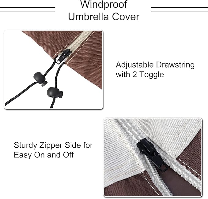 Patio Umbrella Cover - Heavy Duty 600D Oxford, Waterproof, Fits 7ft to 10ft Umbrellas, Outdoor Garden Parasol Cover with Push Rod, Beige & Brown