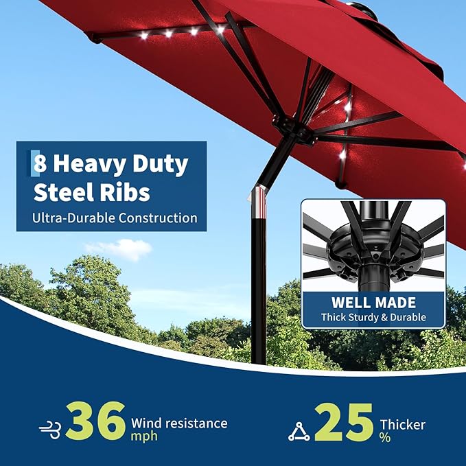 9FT Outdoor Patio Umbrella, 8 Ribs Market Table Umbrella with Solar Light & Tilt & Crank, UV-Resistant Waterproof for Pool, Deck, Backyard, Red