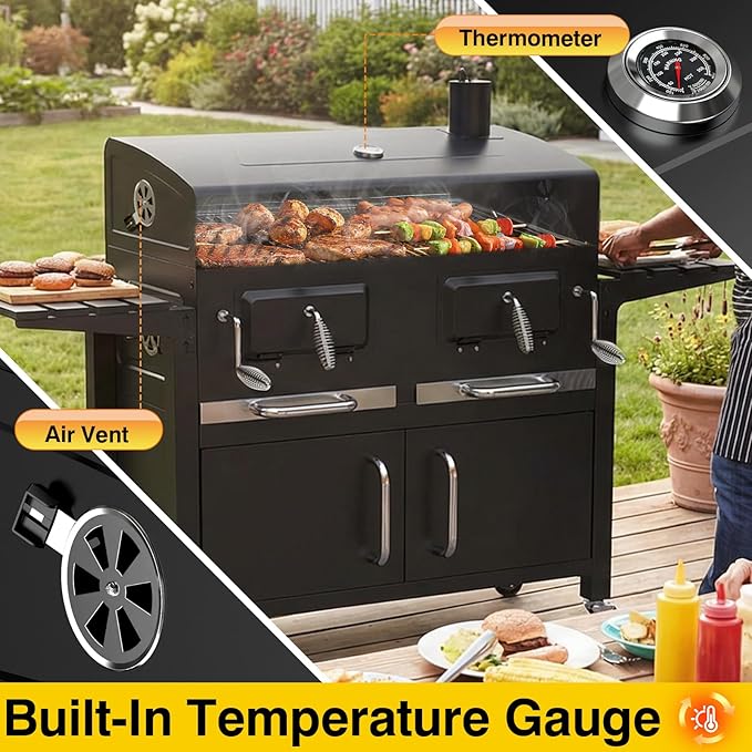 Bestfire 63" Oversized Charcoal BBQ Grill & Smoker, Large Outdoor Grill with 2 Individual Lifting Charcoal Trays, Cabinet-Style Charcoal Grills with Foldable Side Tables, 4 Wheels, Asadores de Carbon