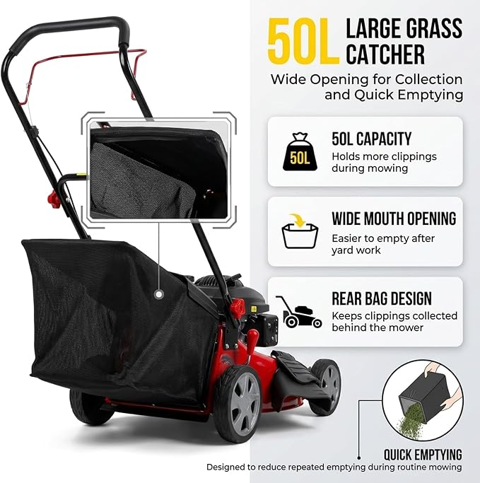 131cc Gas Self Propelled Lawn Mower, 3 in 1 Multi Functional Walk-Behind Push Lawn Mowers, 18" Foldable Gas Powered Lawnmower with 50L Grass Bag, for Mulch, Side Discharge, Rear Bagging (Red)