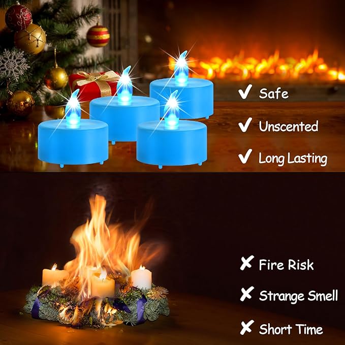 Battery Operated Tea Lights Candles,Flameless Led Electric Fake Candle, 24 Pack Realistic Flickering Votive Tealight, Long Lasting 200+Hours, for Wedding Party Home Decoration (Blue)