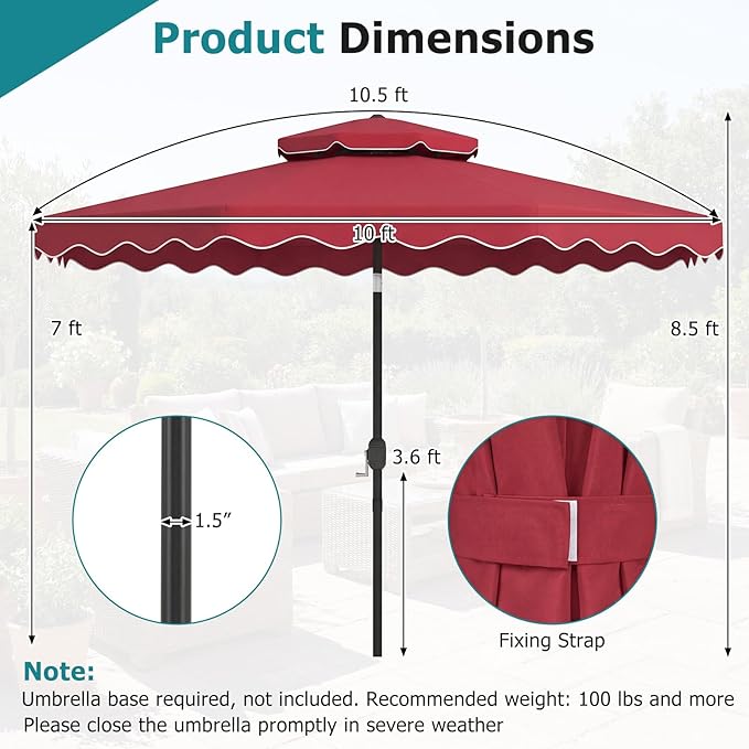 Happygrill 10 FT Patio Umbrella, Scalloped Outdoor Table Market Umbrella with Push Button Tilt & Crank, 2-Tier Vented Top, Heavy-Duty 8 Metal Ribs, Sun-Protective Canopy, Ruffle for Deck Pool Garden (Red)