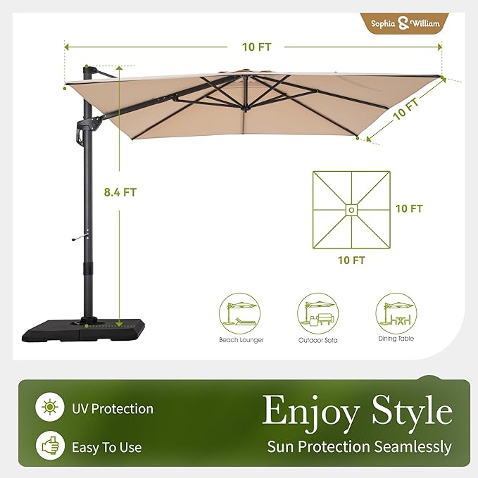 Sophia & William Cantilever Patio Umbrella 10ft,Large Square Outdoor Umbrellas with Crank Handle, 7-Level Tilt,360° Rotation, Windproof Crashproof Design for Pool Garden Backyard with Base (Beige)