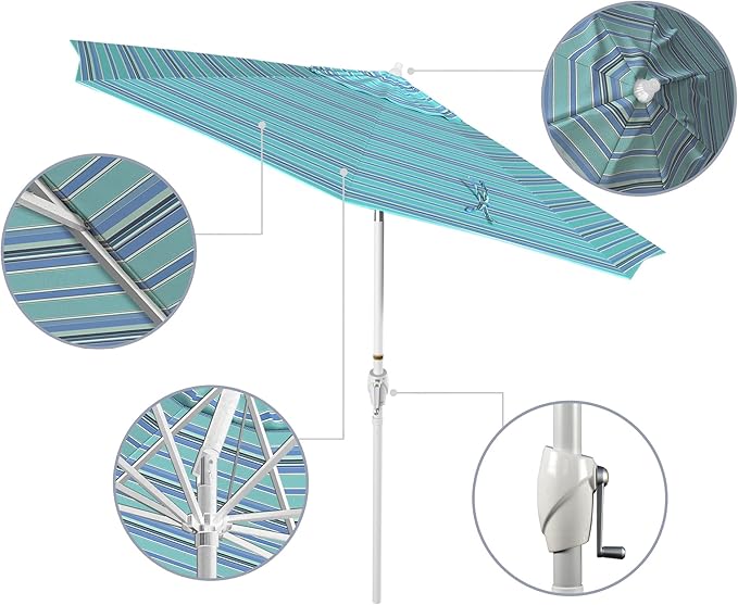 California Umbrella 12-Year Protection 9' Rd Aluminum Patio Umbrella, Crank Lift, Auto Tilt, White Finish, Sunbrella Dolce Oasis