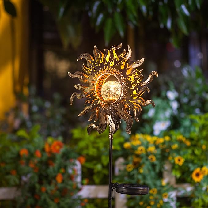Hapjoy Solar Lights Outdoor Garden Decor Solar Powered Sun Lantern for Yard, Patio,Lawn or Pathway Sun Decorations Crackle Glass Globe Stake Metal Lights Waterproof Warm LED Garden Pathway