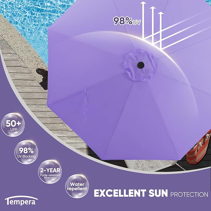 Tempera Patio Market Outdoor Table Umbrella with Push Button Tilt and Crank, Large Sun Umbrella with Sturdy Pole & Fade Resistant Canopy, Easy to Set