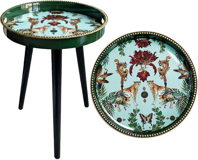 Small Round Side Table - 13 Inch Emerald Green Boho End Table with Vintage Cheetah Pattern Tray - Unique Tropical Accent Table with Moisture-Resistant Wrapped Legs for Living Room & Bedroom