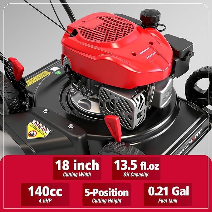 PowerSmart EasyCut 18-Inch Gas Lawn Mower, 144cc OHV Engine, Durable Steel Deck, Walk-Behind Push Mower with Side Discharge, 5-Position Height Adjustment, Lightweight Design for Small Yard