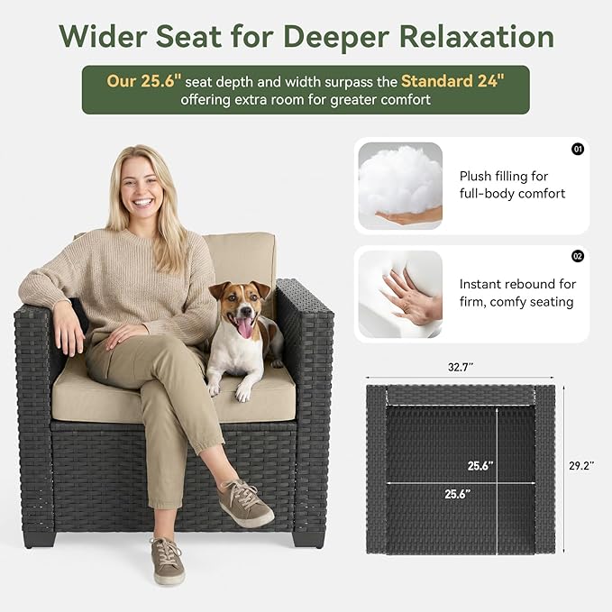 Aoxun 1 Piece Loveseats Patio Furniture Set, Wicker Outdoor Furniture Conversation Set with 4" Thick Cushions for Deck Yard and Poolside Beige