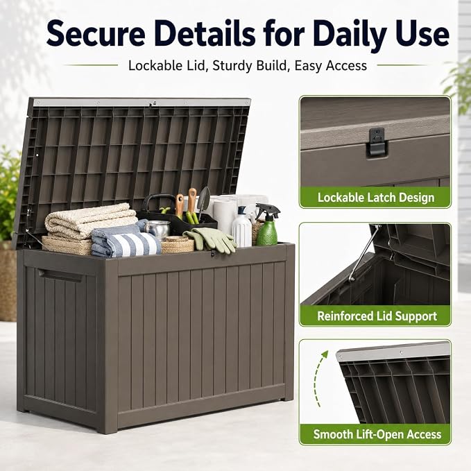 Outdoor Deck Patio Storage Box - 280 Gallon Large Outdoor Deck Box, Plastic Storage Bin with Lid, Outside Toy Box & Pool Storage Container for Cushions, Garden Tools, Towel, Brown