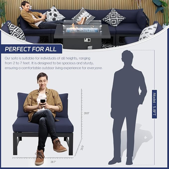 BULEXYARD 11 Pcs Oversized Contemporary Aluminum Patio Furniture Set, All Weather Modular Sectional Sofa with Tanning Chair & Fireplace, 500 lbs Heavy Duty Comfy Outdoor Couch for Beach, Dark Blue