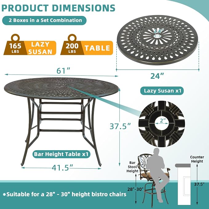 MEETWARM 61" Outdoor High Bar Dining Table for 8 Person, All Weather Cast Aluminum Large Round High Top Dining Table with 24" Lazy Susan, Patio Bar Height Table for Garden Backyard, 2" Umbrella Hole