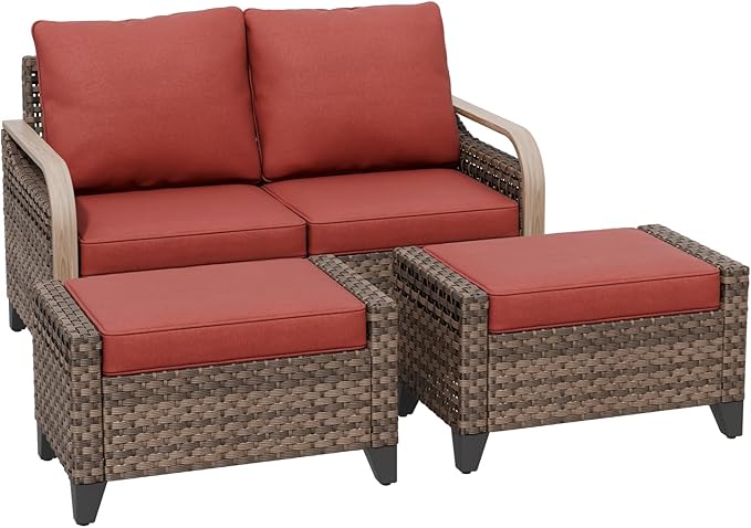 COOS BAY Modern Wicker Outdoor Furniture Set, 3 Piece Patio Conversation Set with a Loveseat and 2 Ottomans, 3 Piece, Brown/Red