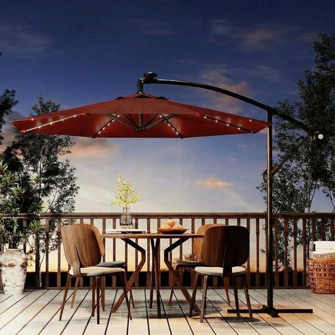 Garvee 10FT Solar Lights Offset Patio Umbrella with Cross Base, Cantilever Umbrella with Easy Lift & Tilt Adjustment, 8 Ribs Sun umbrella UV Protection for Backyard, Pool, Garden, Burgundy
