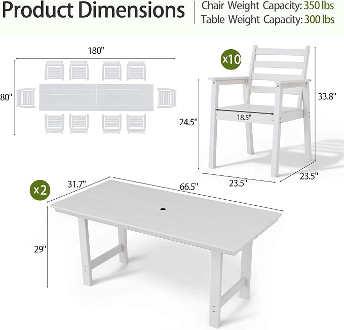 12-Piece Outdoor Dining Set, All-Weather HDPE Patio Furniture, Two 66.5" Slatted Table with 1.6" Umbrella Hole & 10 Ergonomic Armchairs, Heavy Duty 350lbs Capacity, UV Resistant, White