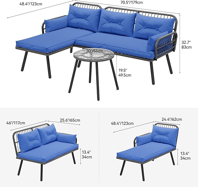 YITAHOME Outdoor Patio Furniture L-Shaped Conversation Sectional Sofa Set for Backyard, Porch w/Thick Cushions Detachable Lounger & Side Table (Gray+Navy Blue)