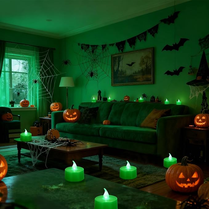 KOABY 24 Pack Green Light Non-Flickering Flameless Tea Lights, Green Base, Last 100H+, Battery Operated Tea Lights for Decor