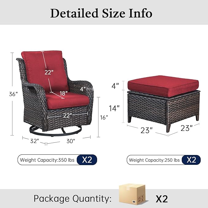 Outdoor Swivel Chairs-Patio Swivel Glider Chairs with Ottomans Outdoor Conversation Set for Deck Balcony Poolside Backyard-Brown/Red