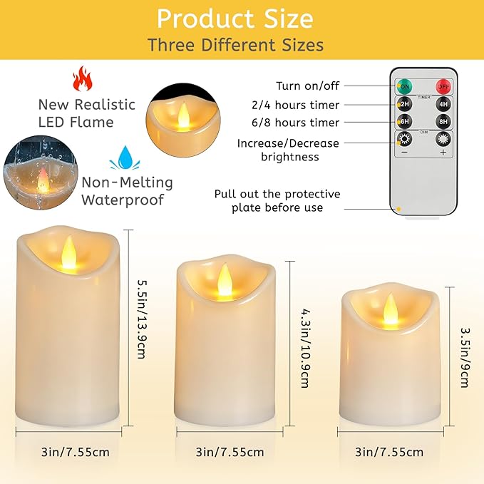 Flameless Candles 4" 5" 6" Set of 9 Outdoor Indoor Pillars Battery Operated Flickering Candles Include 8-Key Remote Timer Function Ivory Fake LED Candles for Wedding, Aniversary,Christmas Decor