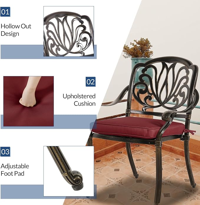 5-Piece Outdoor Patio Dining Set, All-Weather Cast Aluminum Patio Table Set, Include 4 Cushioned Chairs and a 35.4 inch Round Table w/Umbrella Hole for Balcony Garden Backyard, Red