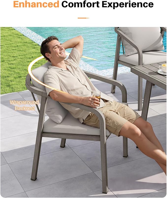 7-Piece Patio Dining Set, Never-Rust Aluminum Outdoor Dining Set for 6, Patio Table and Chairs Set with Washable Cushions, Outdoor Furniture Set for Courtyard, Deck, Commercial, Gray Oak