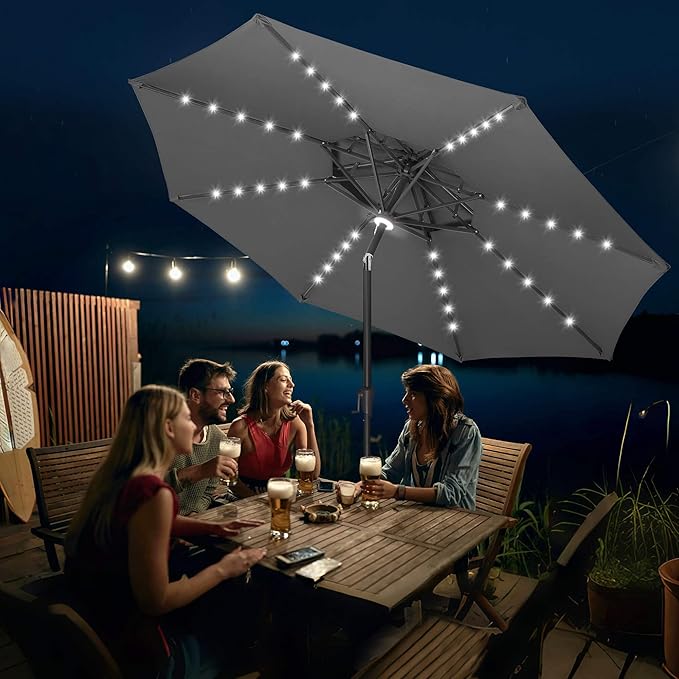 FLAME&SHADE 2 Tiers 9ft Solar Light Patio Umbrella, 40 LED lights outdoor umbrella with Centre Surround Light, Table Market Umbrella for Deck, Pool, Porch, Backyard, Garden (Anthracite)