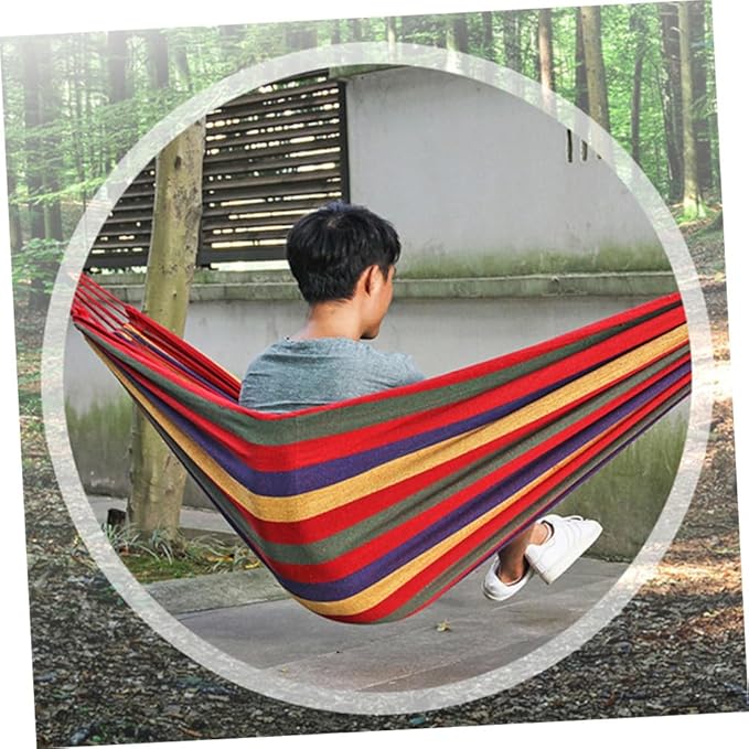 Uonlytech Canvas Hammock Hanging Chair Outdoor Camping Swing Hammock 190x85cm Portable Striped Garden Patio for Travel and Backyard Use