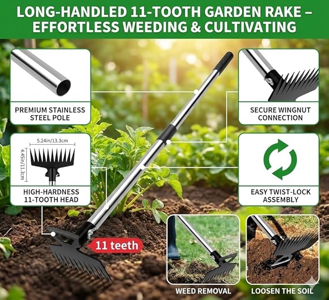 Premium 45.67" Standing Hand Weeder: Long Handle Hoe with Non-Slip Rubber Grip. Portable Root Puller for Yard, Lawn & Patio. Multi-Functional Soil Tiller & Digging Tool for Back-Saving Gardening.