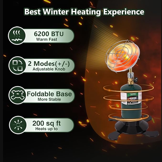 Portable Propane Heater with Catalytic Burner for Camping Outdoor Space 6200BTU Power with Control Valve Patio Heater 1lb Small Propane Gas Tank Holder Tent Garage Fishing stove buddy(Upgraded Burner)