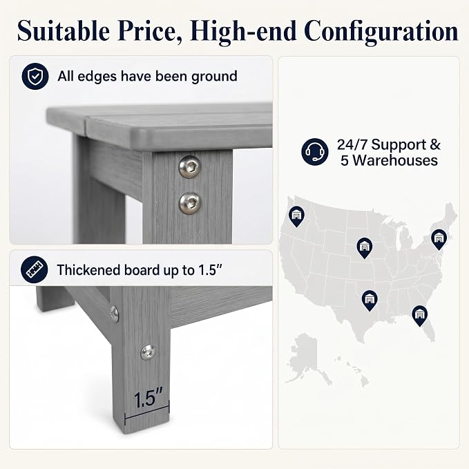 MXIMU Outdoor Side Table Set of 2: Heavy-Duty Sturdy Warp Resistant Adirondack Table - Wood Grain Finish Outdoor End Tables - Easy Assembly & Low Maintenance Patio Side Table Grey