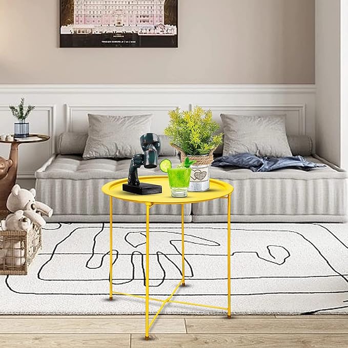 Garden 4 you End Table 2 PCS Metal Side Table Yellow Round Folding Tray Cyan Sofa Small Accent Fold-able Table, Round End Table Tray, Next to Sofa Table, Snack Table for Living Room and Bed Room