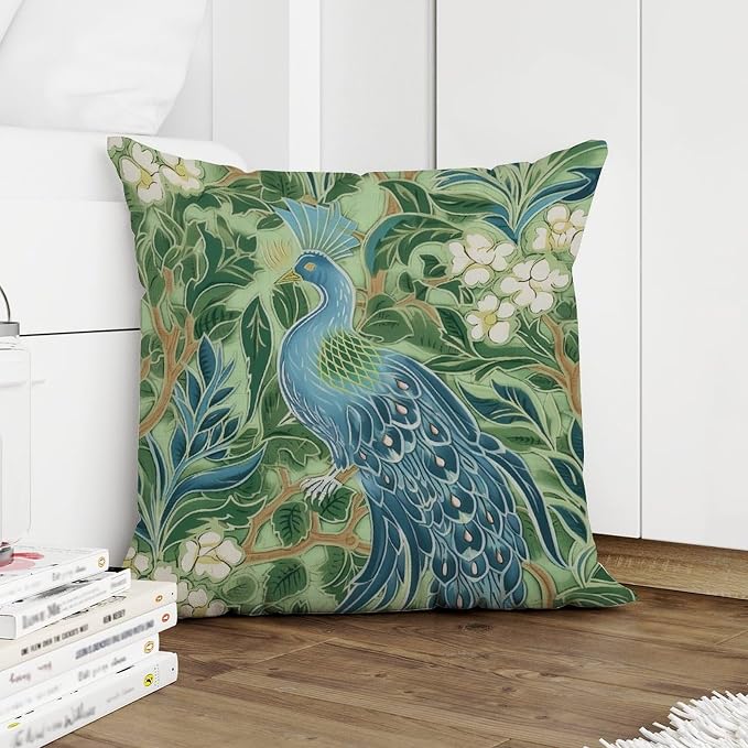 Pillow Cover Aqua and Green Chinoiserie Cushion Cases Abstract Green Peacock Animal Asian Pillow Cover Accent Modern Decorative Pillow Covers for Couch Garden Tent Balcony 18x18 in
