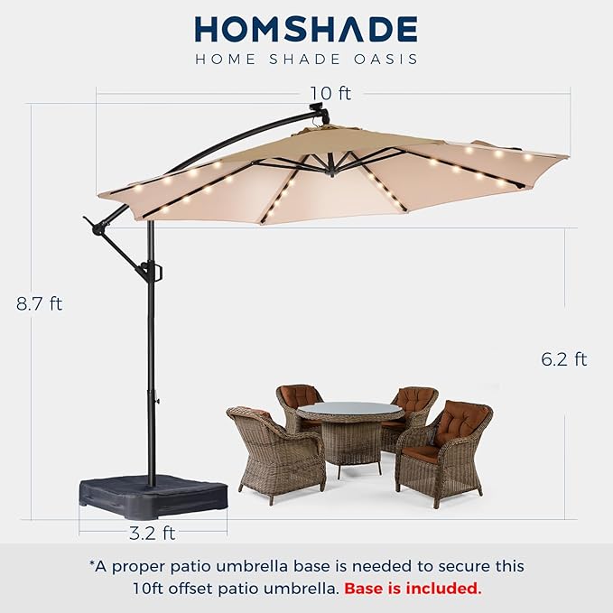 HOMSHADE 10ft Solar Lights Offset Cantilever Patio Umbrella - with Light and Base, LED Lighted Offset Hanging Patio Outdoor Market Umbrella UPF50+ UV Protection with Easy Tilt and Crank (Beige)