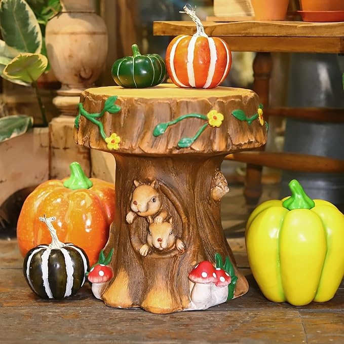 12.6" Resin Squirrel Garden Chair, Indoor & Outdoor Accent Stool, Natural | Round Tree Stump Design w/ Squirrel Details, Weather-Resistant for Patio, Backyard, Terrace & Home Decor