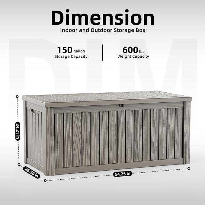 DRATO 150 Gallon Deck Boxes Outdoor Waterproof, Resin Large Lockable Storage Box with Lid, Outdoor Storage Bench Patio Cushions Furniture, Garden Tools, Pool Accessories(Grey, 150 Gallon)