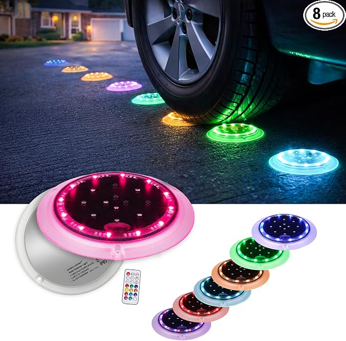Solar Driveway Lights, 48 LEDs Deck Disc Light, RGB-W, 8Pk | 48 LEDs, Flat Low Profile, Outdoor Waterproof, Car Weight Bearing, Sundeck, Dock, Pool, Path, Sidewalk, 12-Color Changing