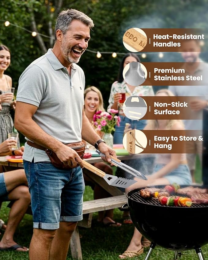 4PCS Grilling Accessories BBQ Tools - Stainless Steel Grill Set with Tongs, Fork, Spatula, Brush, Carrying Bag, Birthday for Men, Father, Husband