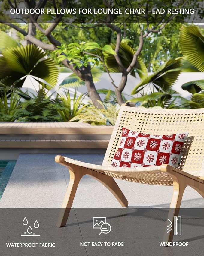 Outdoor Pillows Covers with Inserts Christmas Snowflake Red Plaid Waterproof Recliner Pillow with Adjustable Strap Throw Pillows for Patio Furniture Pool Lounge Chair, 11x16 inch, 1PCS