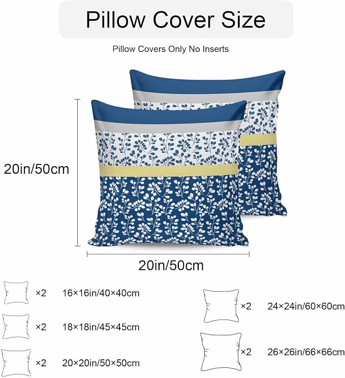 Blue Yellow Outdoor Pillow Covers 26x26 Inch Throw Pillow Covers Set of 2 Waterproof Decorative Pillow Cases Botanical Floral Motifs Wildflower Striped Cushion Covers for Patio Furniture Garden Couch
