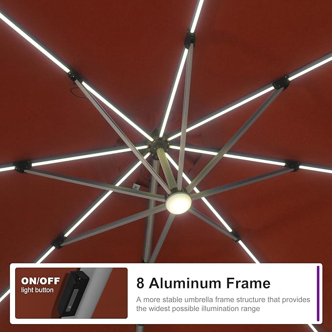PURPLE LEAF Cantilever Umbrella with base 10ft Outdoor Round Patio Solar Powered LED Umbrella with 360-degree Rotation for Garden Deck Pool Patio, Brick Red