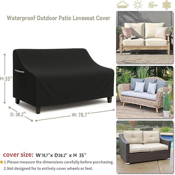 Waterproof Patio Loveseat Cover, 78.7W x 38.2D x 35H inches Heavy Duty 600D Weather-Resistant Outdoor Furniture Protector Black