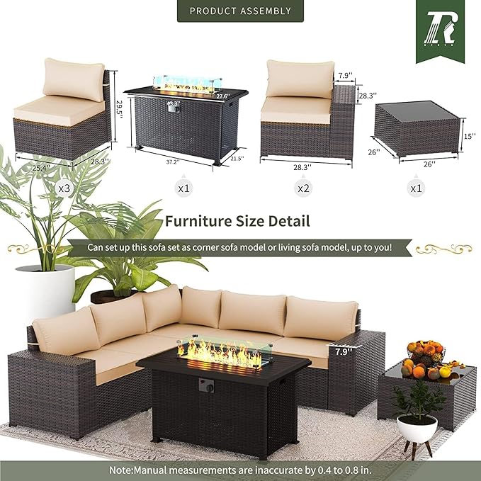 7 PCS Outdoor Patio Furniture Set,Outdoor Sectional Furniture with 43" 55000 BTU Gas Propane Fire Pit Table,All Weather PE Rattan Wicker Patio Conversation Set,Sand