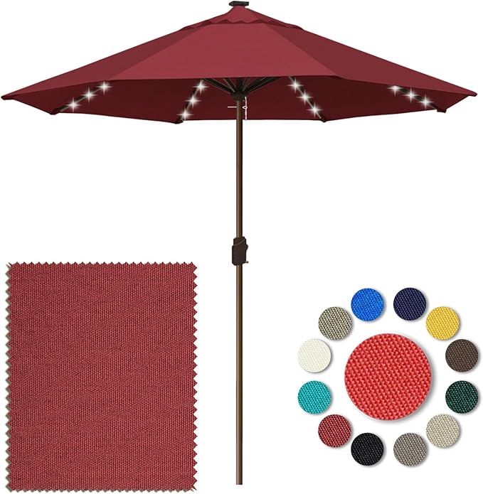 Eurmax USA 10-Year-Non-Fading 10FT Outdoor Patio Market Umbrella with LED Lights,UPF50+ UV Resistant,Heavy Duty Commercial Grade,Crank Lift Design,Windproof Vented Top for Garden,Pool,Deck,Burgundy
