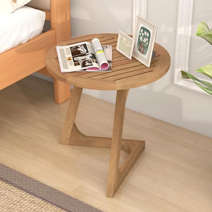 Giantex Teak Wood Outdoor Side Table, Round Patio End Table with Slatted Tabletop, Waterproof Sofa and Couch Side Table for Porch, Poolside, Living Room, Small Spaces, Easy Assembly, Natural