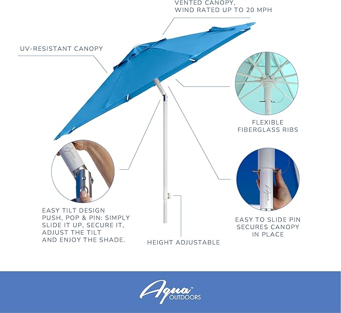 Aqua Outdoors Patio Umbrella – Heavy Duty, Wind-Stable, Adjustable Tilt & Height – Sun Shade for Pool, Deck, Backyard – Rust-Free Frame – Easy Assembly