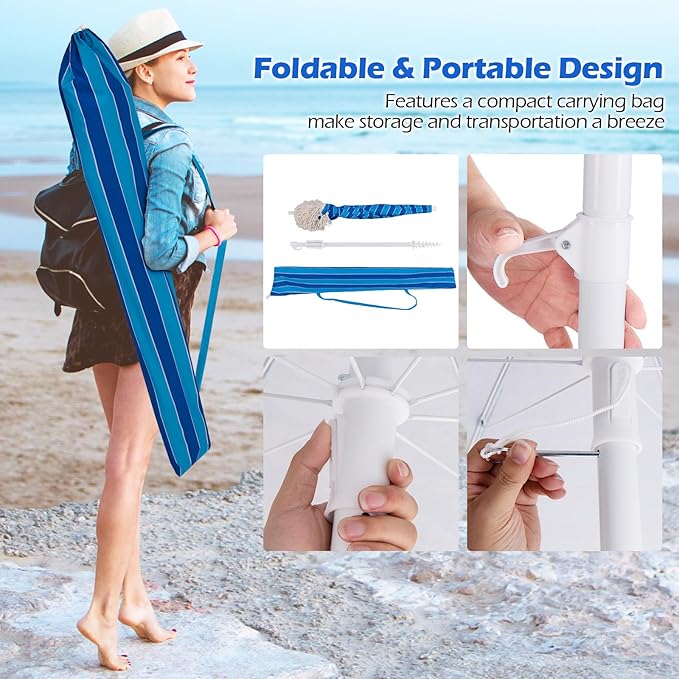 6.5 FT Outdoor Fringe Umbrella, UV 50+ Protection Boho Umbrella with Sand Anchor, Tilt Sun Shelter& 8 Ribs, Portable Beach Umbrella with Carry Bag, Vintage Patio Umbrella for Deck Poolside
